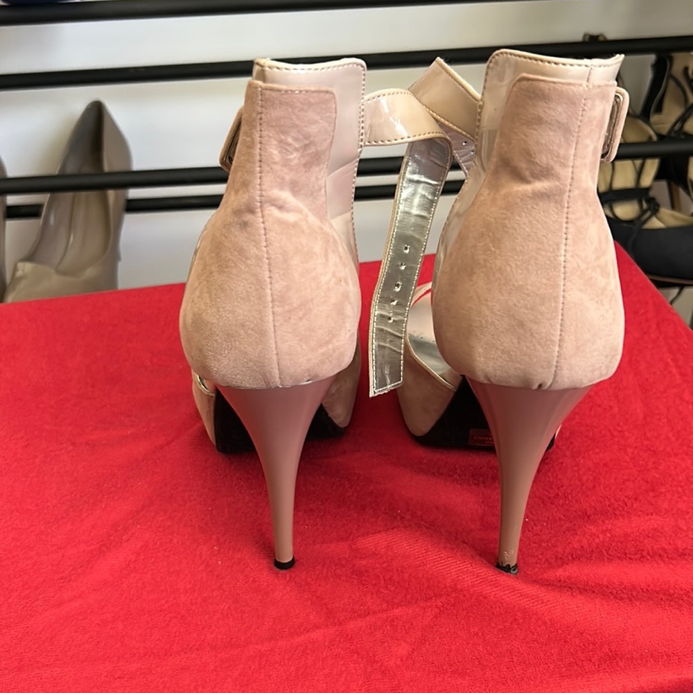 Two-Tone Tan Peep-Toe Heels